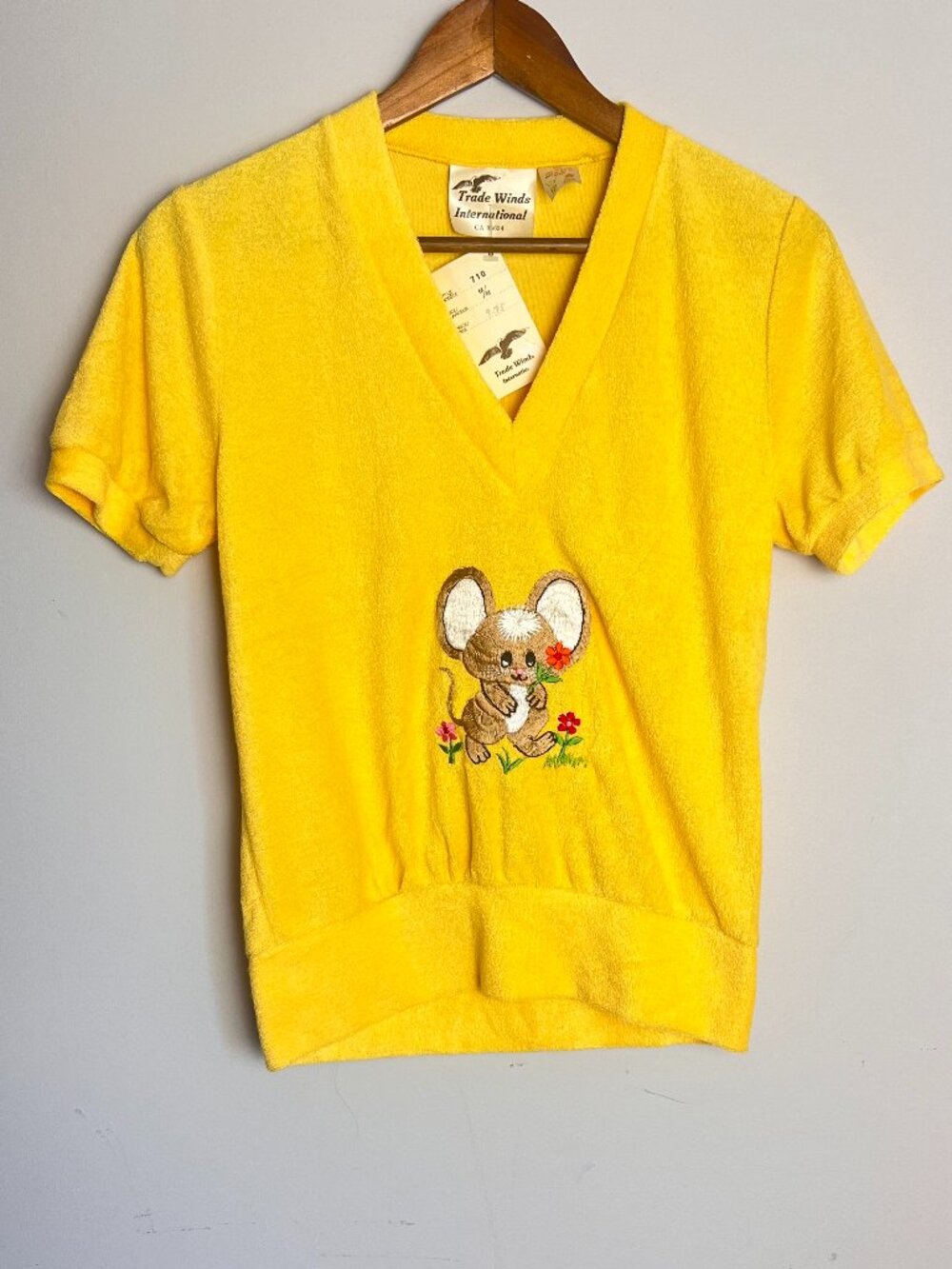 80's Deadstock Terrycloth leisurewear t shirt with embroidered mouse